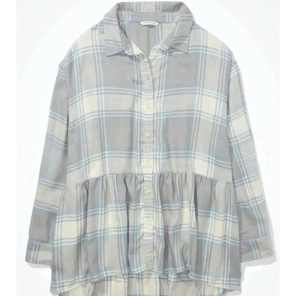 New AMERICAN EAGLE WOMEN Y2K GREYBLUEOVERSIZED FLANNEL BABYDOLL SHIRT - Picture 2 of 7